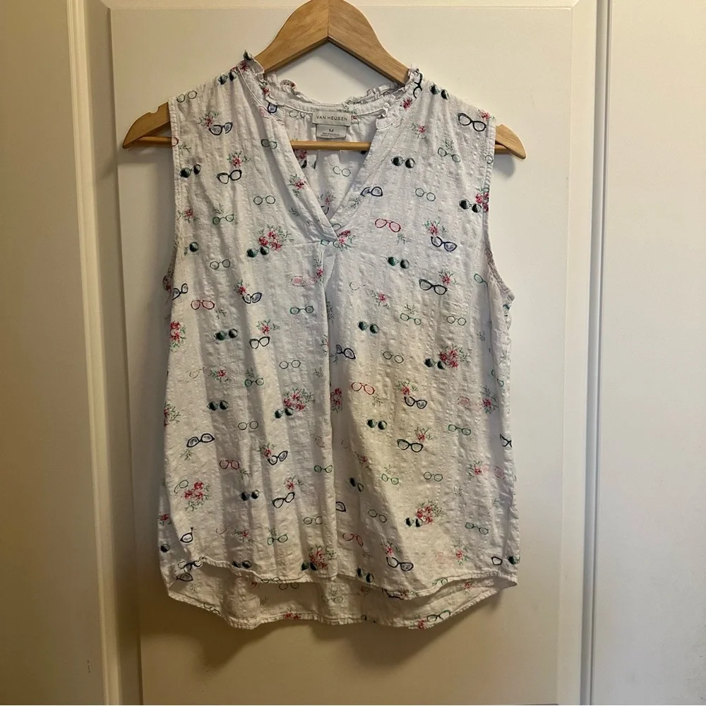Van Heusen Floral and Glasses Print Sleeveless Cotton Blouse Medium - Picture 2 of 5